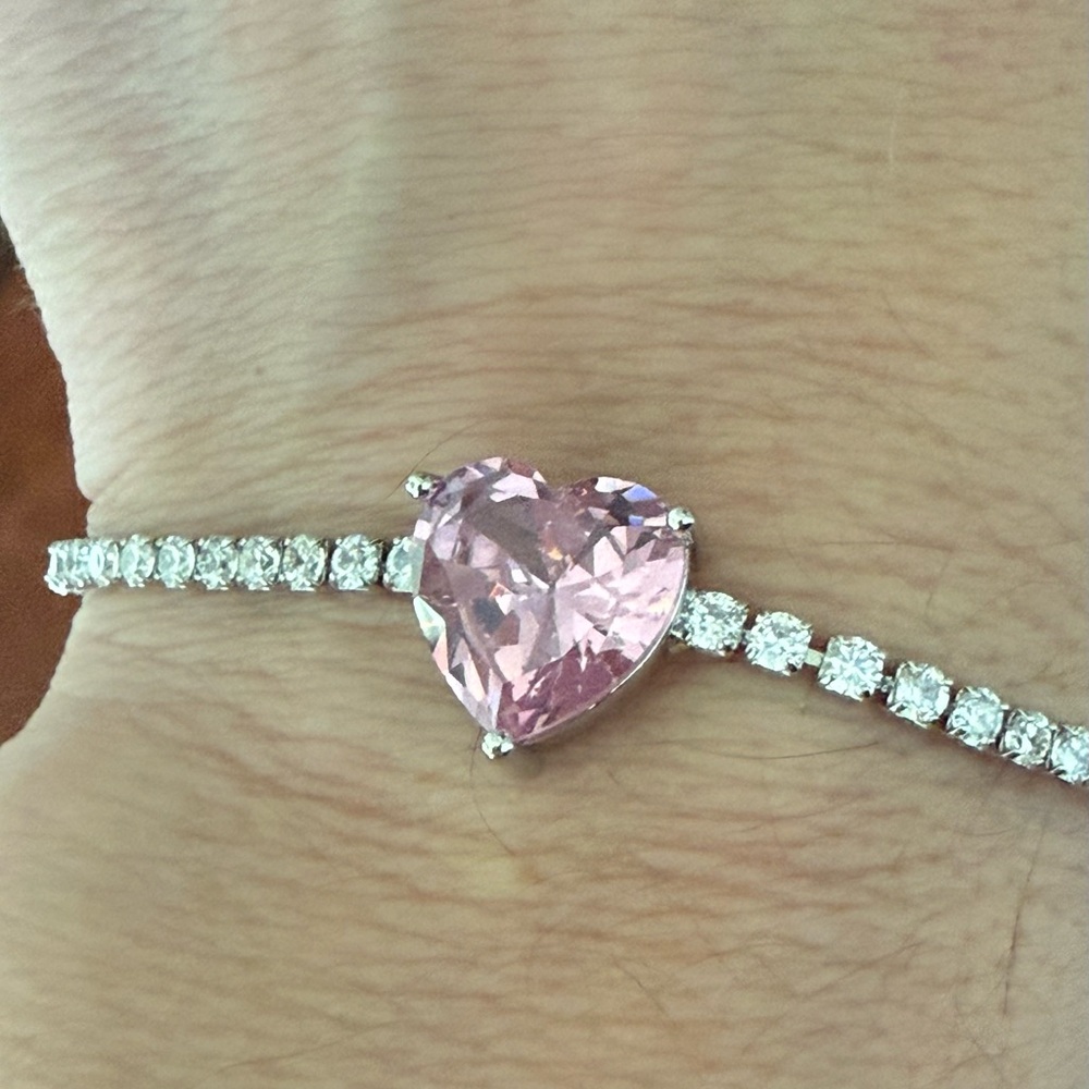 Pink Heart Silver Tennis Bracelet - Picture 8 of 9